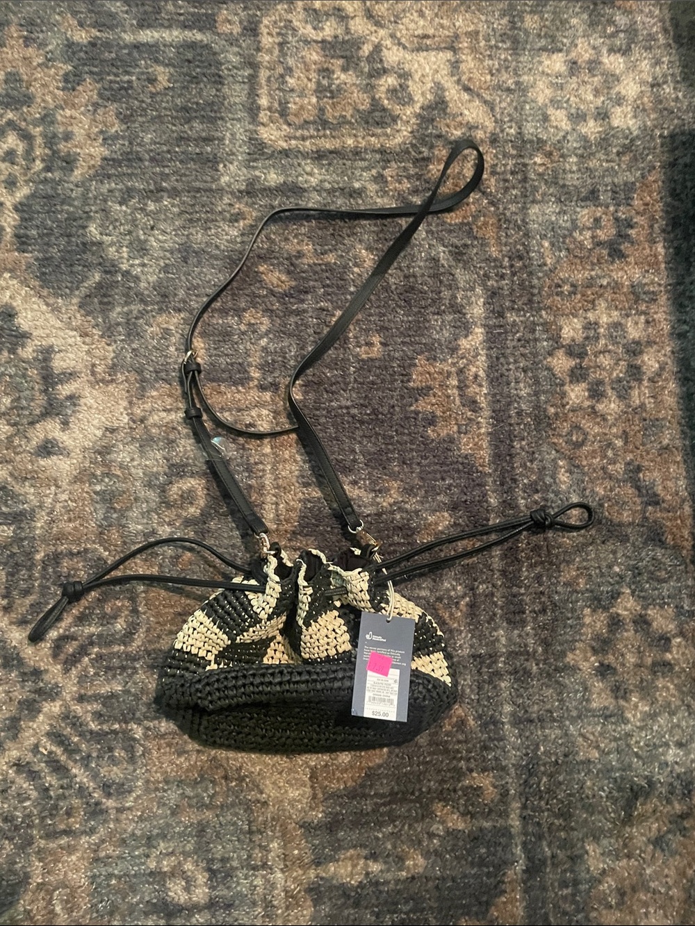Handwoven Black and Cream Drawstring Crossbody Bag